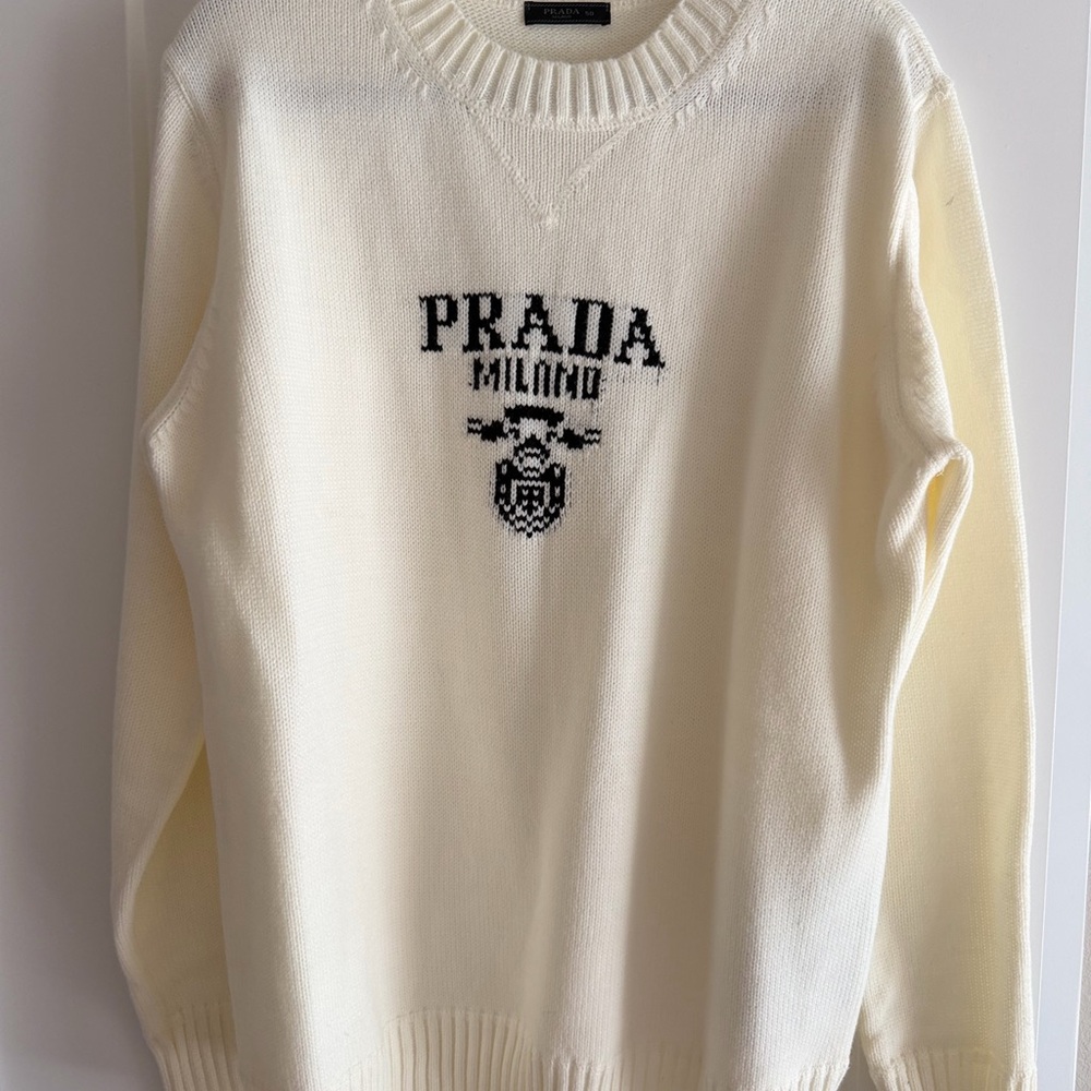 Prada Cream Crewneck Sweater with Black Logo